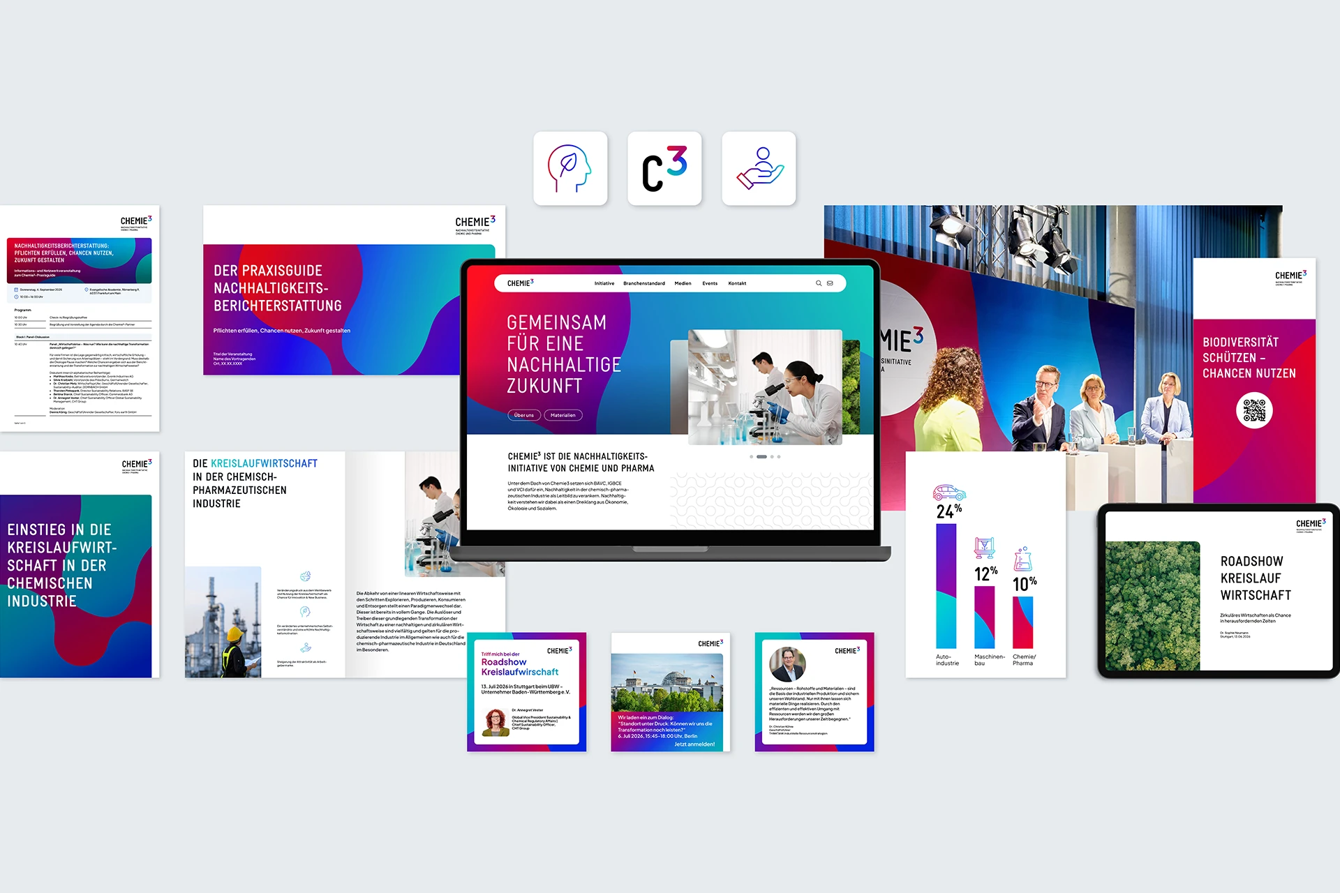 Übersicht der Corporate Design Elemente des neuen Markenauftritts für Chemie³ im Zusammenspiel