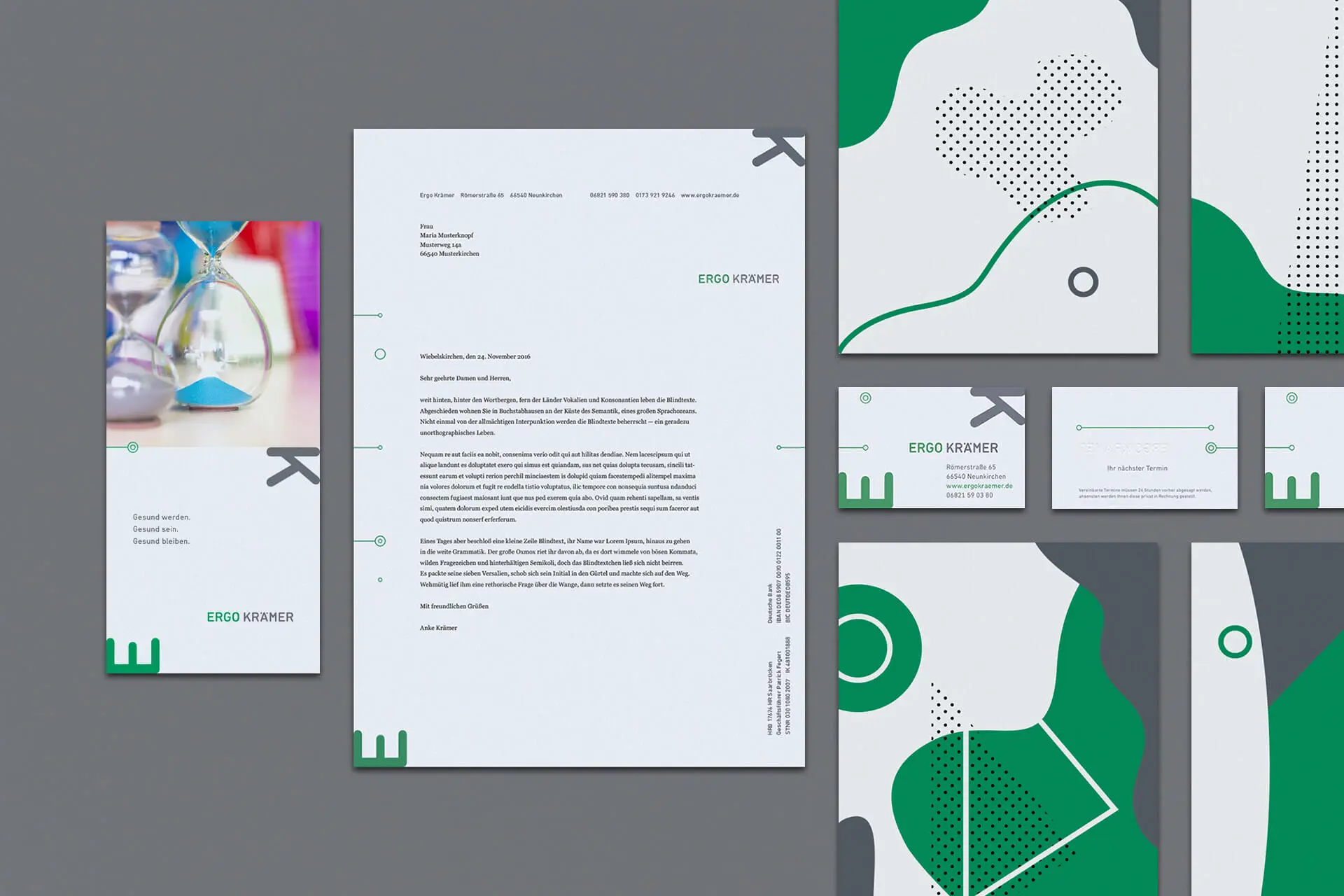 Corporate Design Anwendungsbeispiele mit Briefpapier, Visitenkarte und Broschüre einer Ergotherapie Praxis © Diemer & Schweig Designstudio
