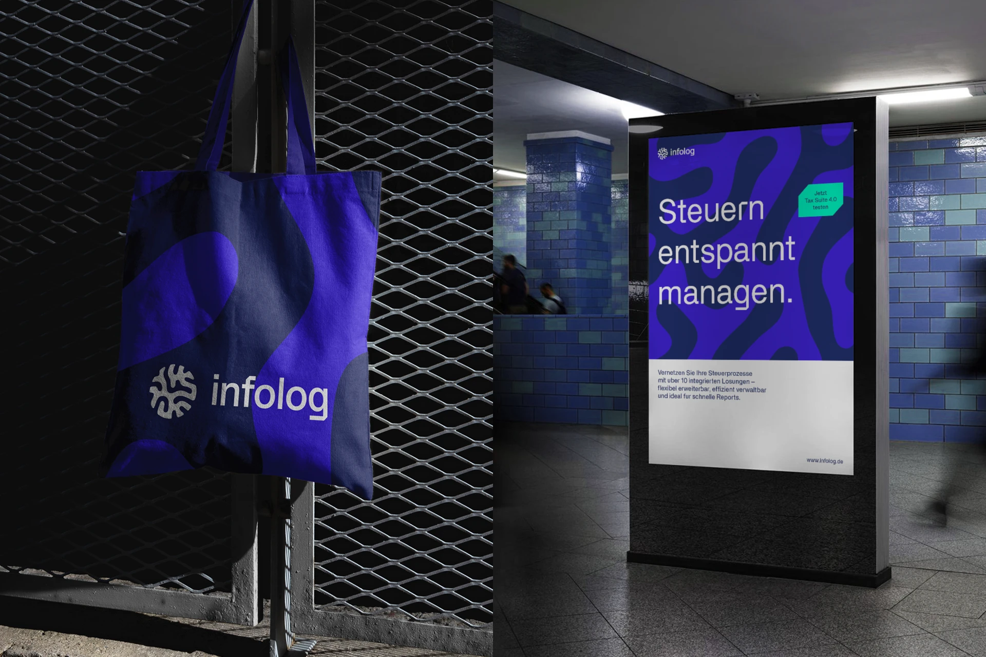 Touchpoints Tragetasche und Out of Home Citylight Plakat des neuen infolog Markenauftritts