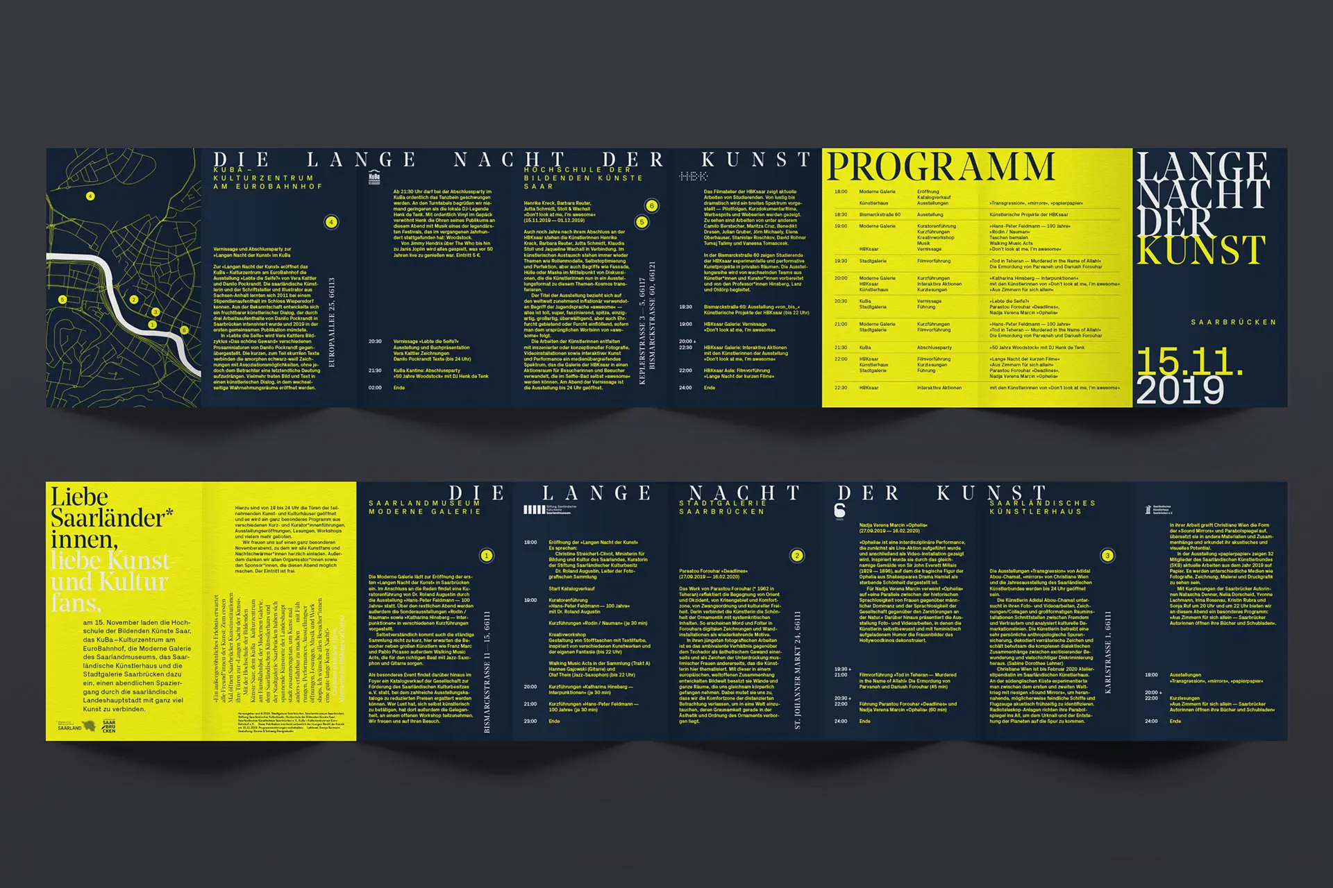 Übersicht eines Programm Leporello Faltflyers für die Lange Nacht der Kunst der Museen © Diemer & Schweig Designstudio