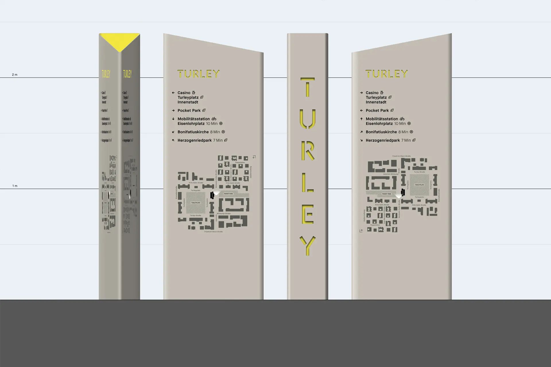 Individuelle Wegweiser Navigations Pylone für das Wegeleitsystem des Quartiers Turley Mannheim © Diemer & Schweig Designstudio