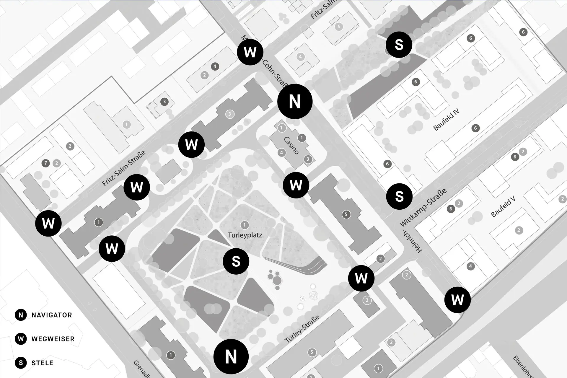 Wegeleitsystem für ein Quartier mit Verortung der Leitelemente © Diemer & Schweig Designstudio