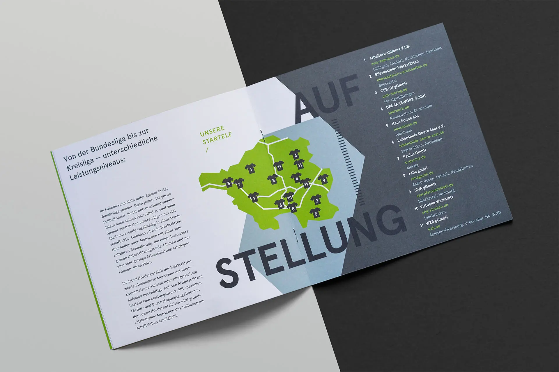 Doppelseite »Aufstellung« einer Broschüre für die Landesarbeitsgemeinschaft der Werkstätten für behinderte Menschen Saarland © Diemer & Schweig Designstudio